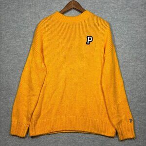 Victoria's Secret Pink Yellow Sweater Womens M Pullover Varsity‎ Style Crew Neck